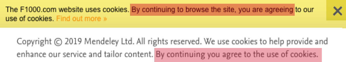 Screenshot of cookie notices that do not include explicit consent